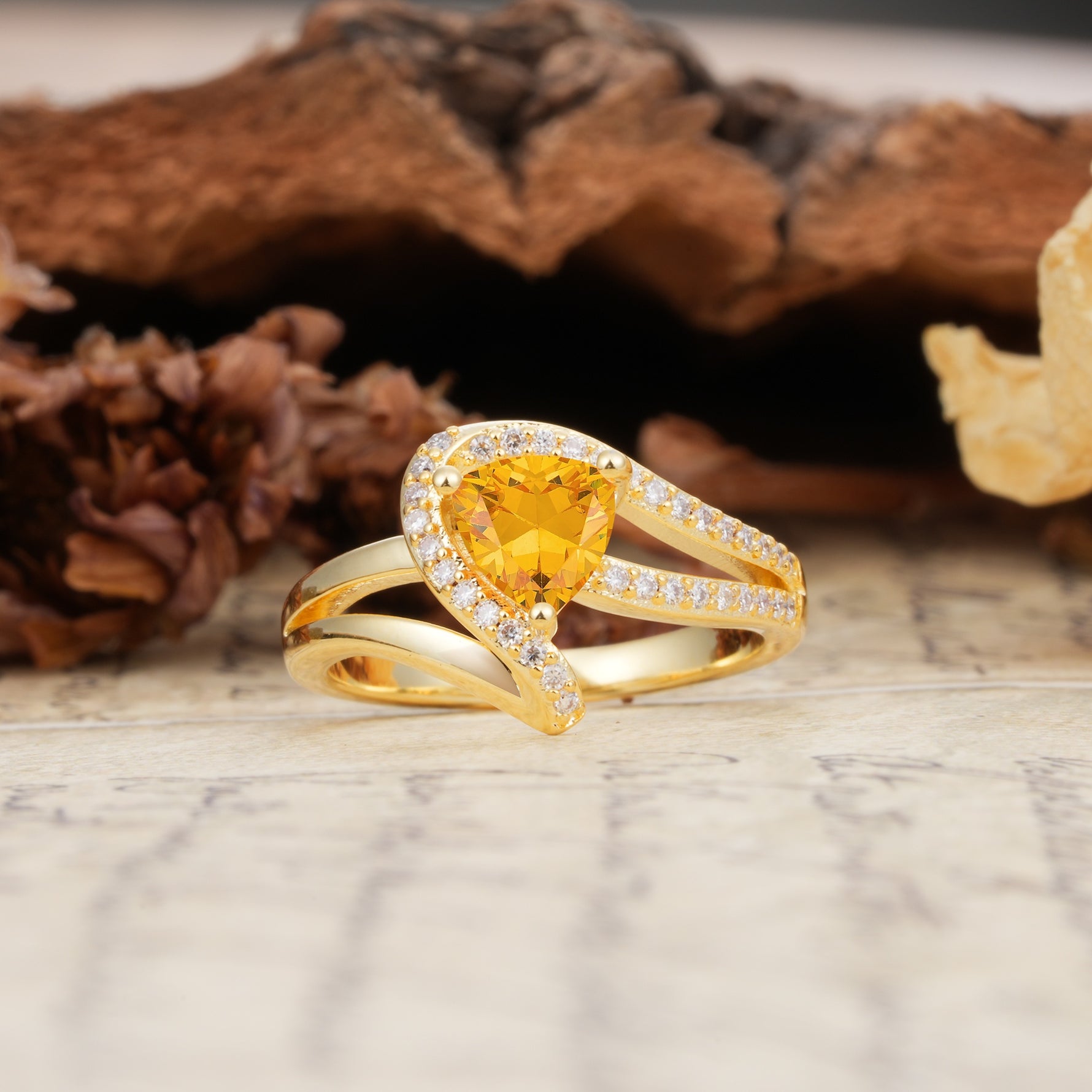 Unique Twisted and Entwined 3-Prong, Heart-Shaped Cut Citrine Engagement Ring - Additional view