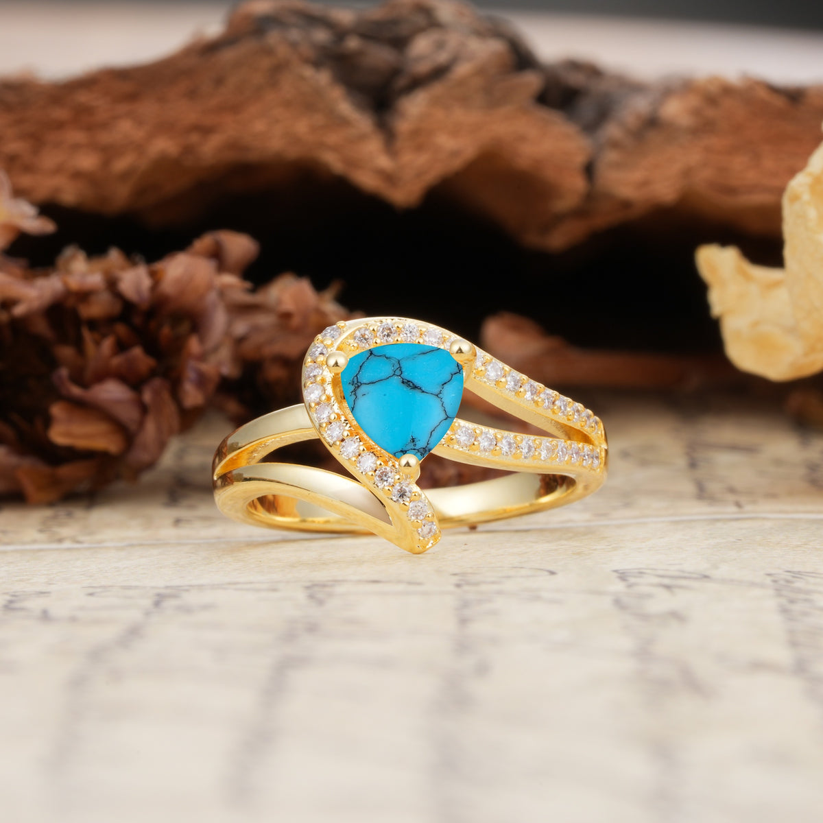 Unique Twisted and Entwined 3-Prong, Heart-Shaped Cut Turquoise Engagement Ring - Additional view