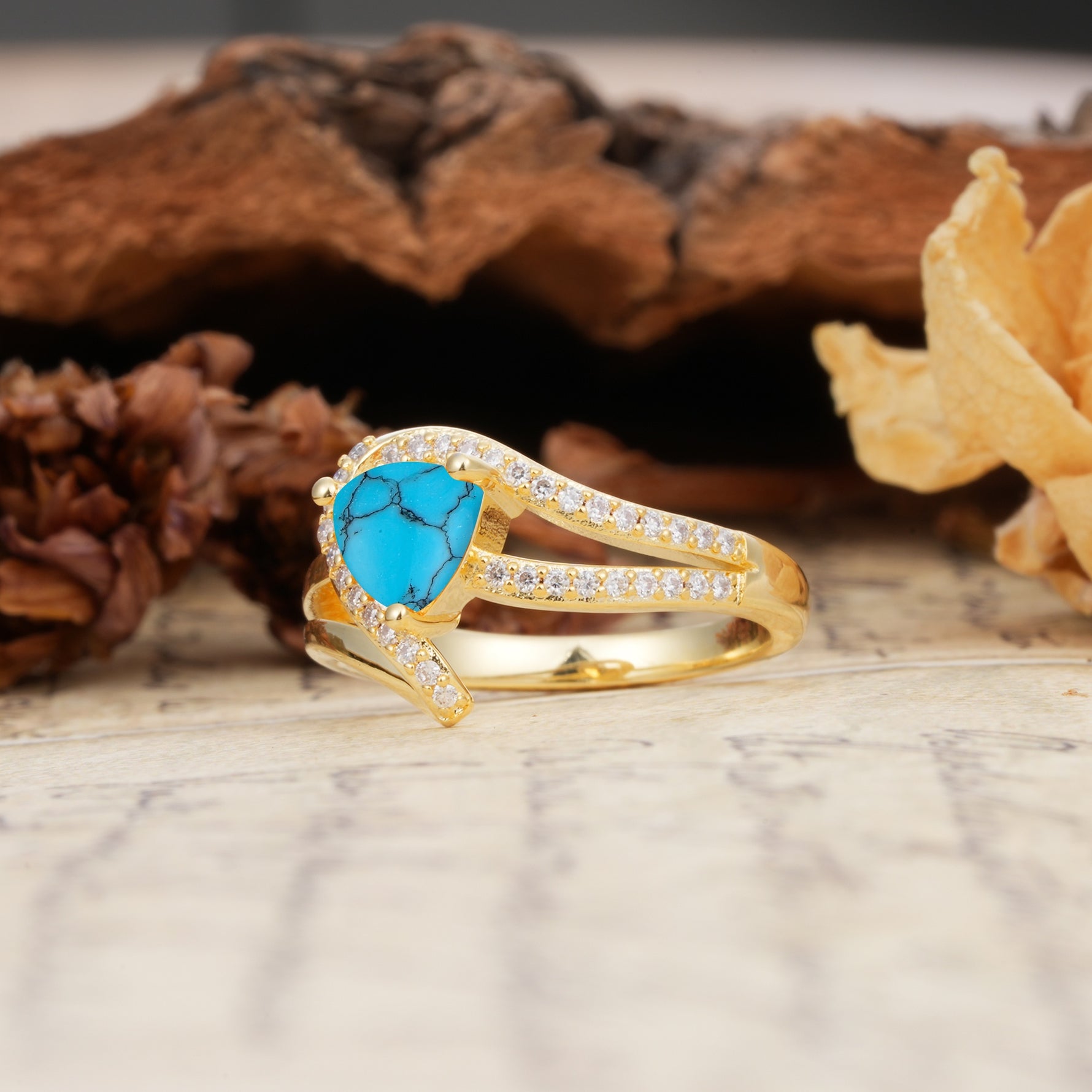 Unique Twisted and Entwined 3-Prong, Heart-Shaped Cut Turquoise Engagement Ring - Additional view