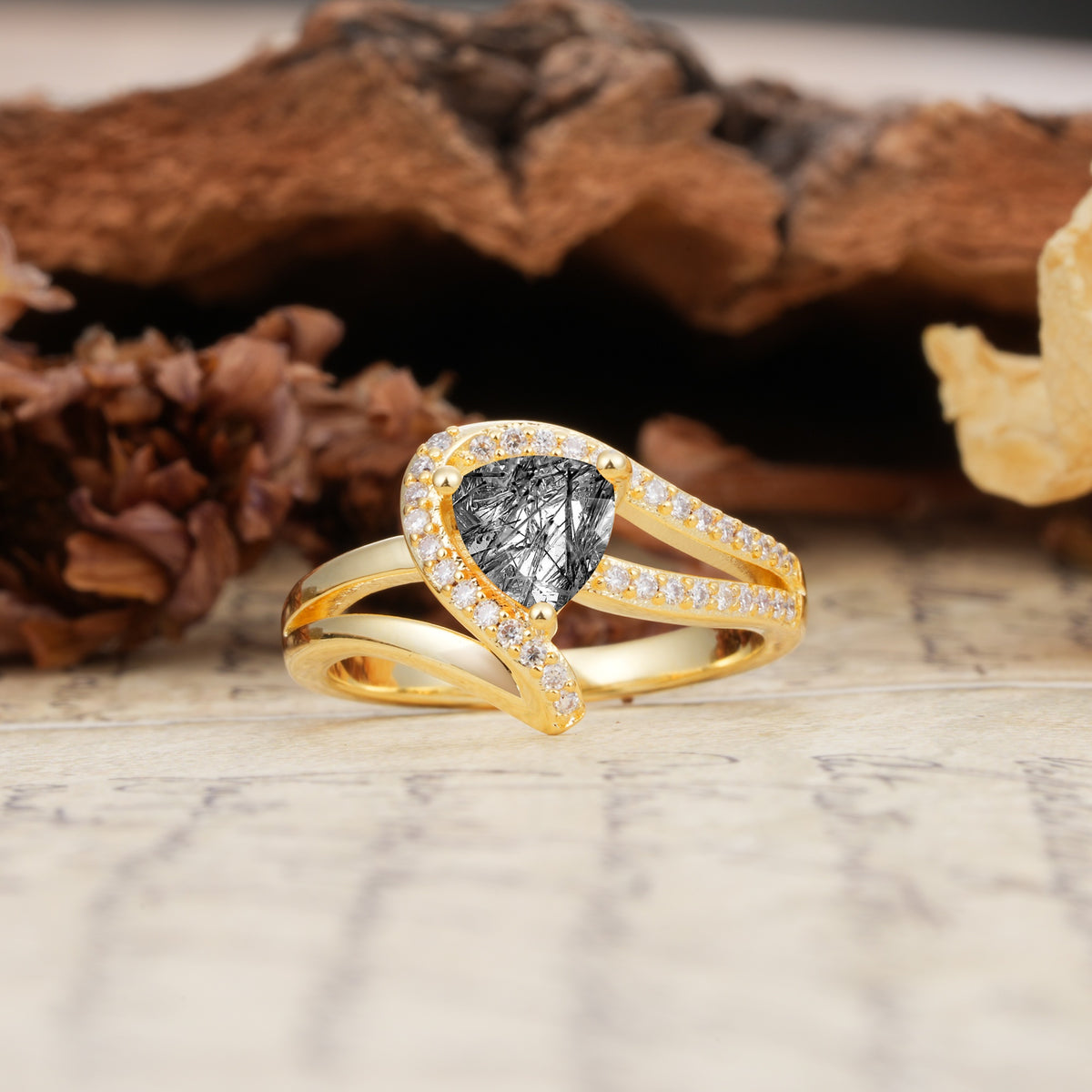 Unique Twisted and Entwined 3-Prong, Heart-Shaped Cut Black Rutilated Quartz Engagement Ring - Additional view