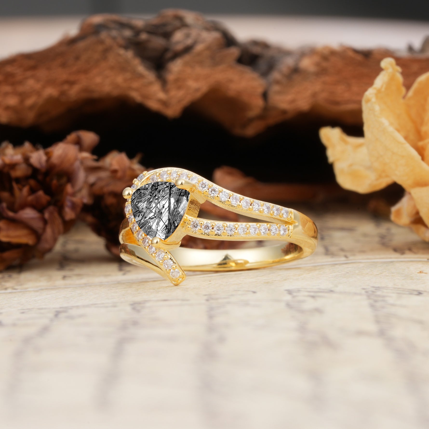 Unique Twisted and Entwined 3-Prong, Heart-Shaped Cut Black Rutilated Quartz Engagement Ring - Additional view