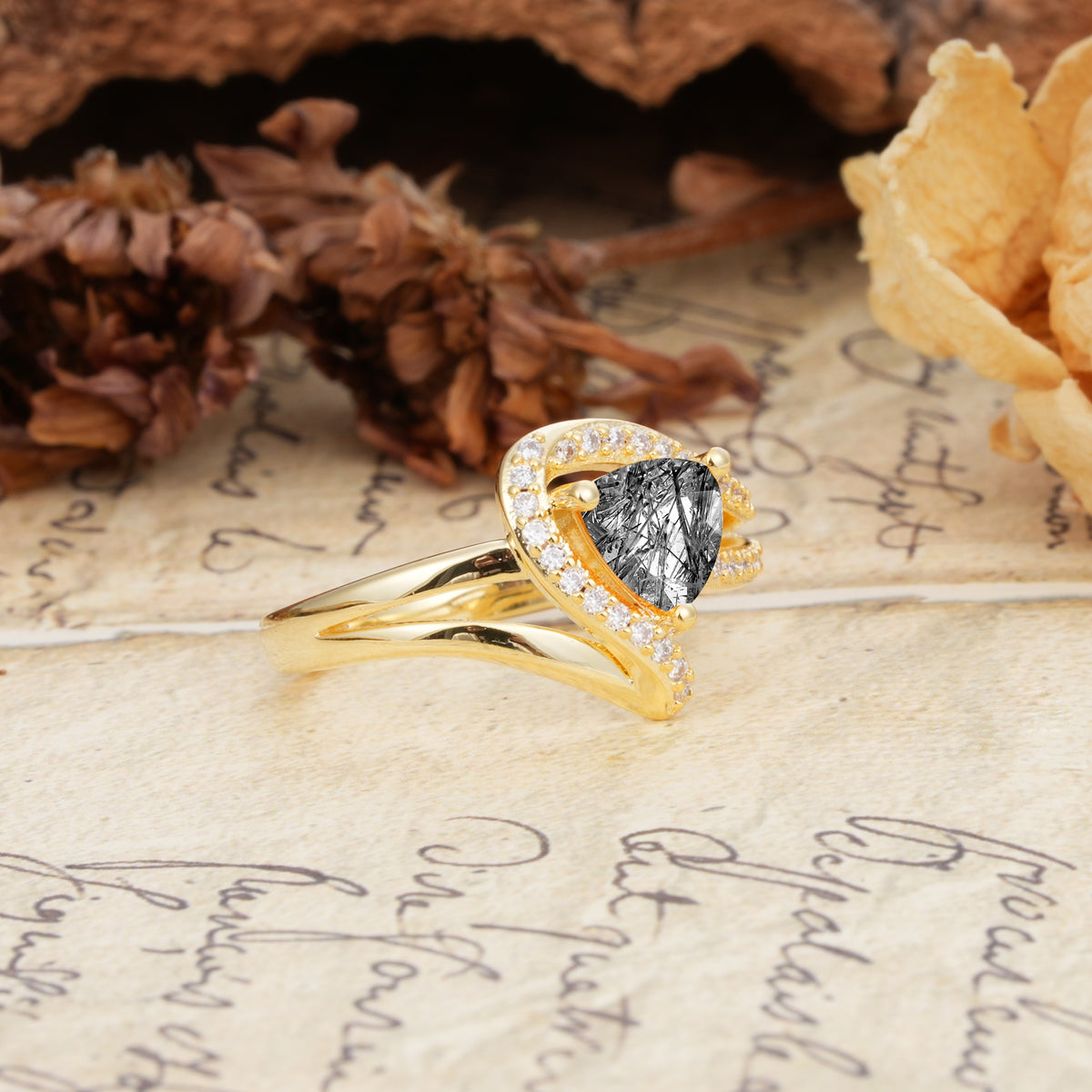 Unique Twisted and Entwined 3-Prong, Heart-Shaped Cut Black Rutilated Quartz Engagement Ring - Additional view