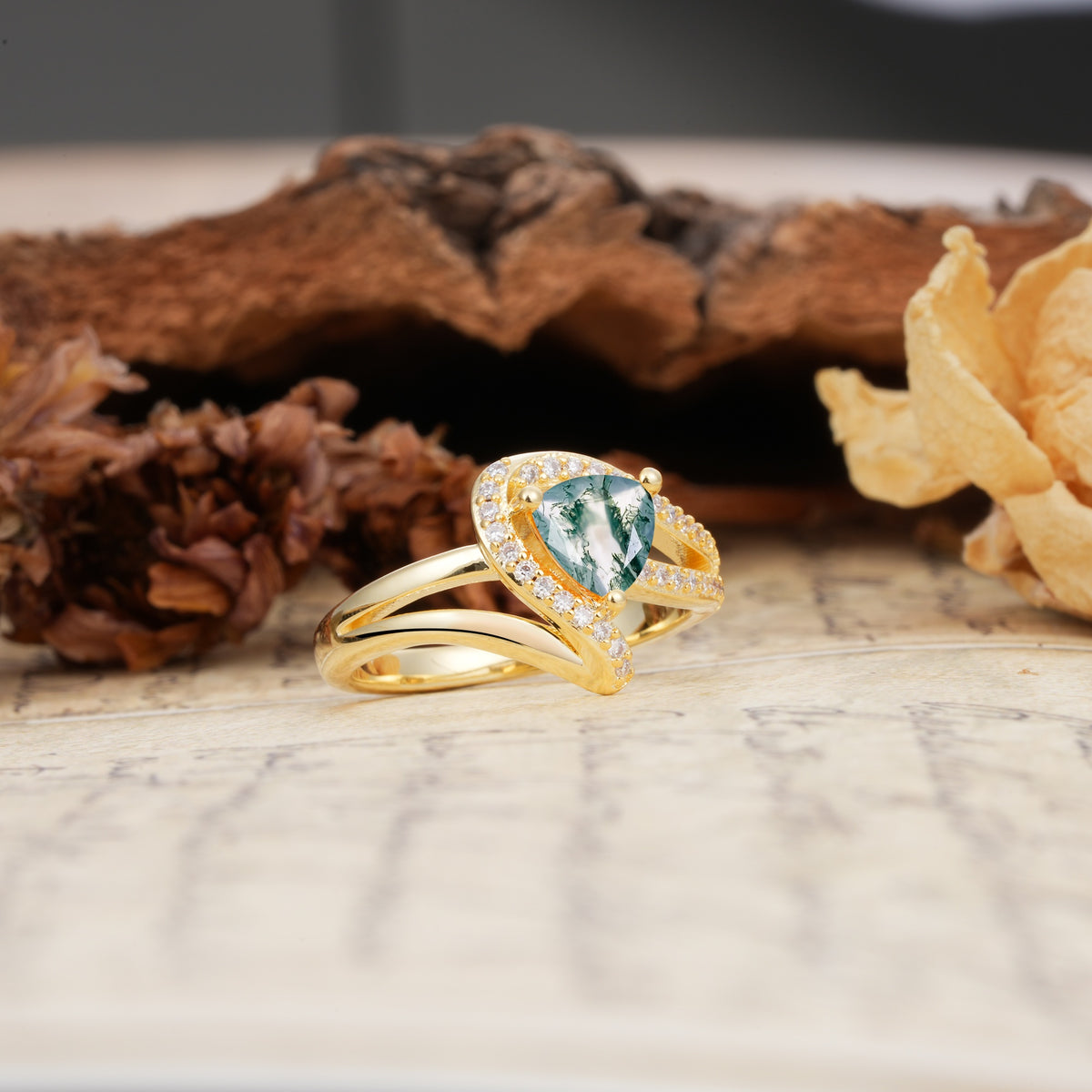 Unique Twisted and Entwined 3-Prong, Heart-Shaped Cut Moss Agate Engagement Ring - Additional view