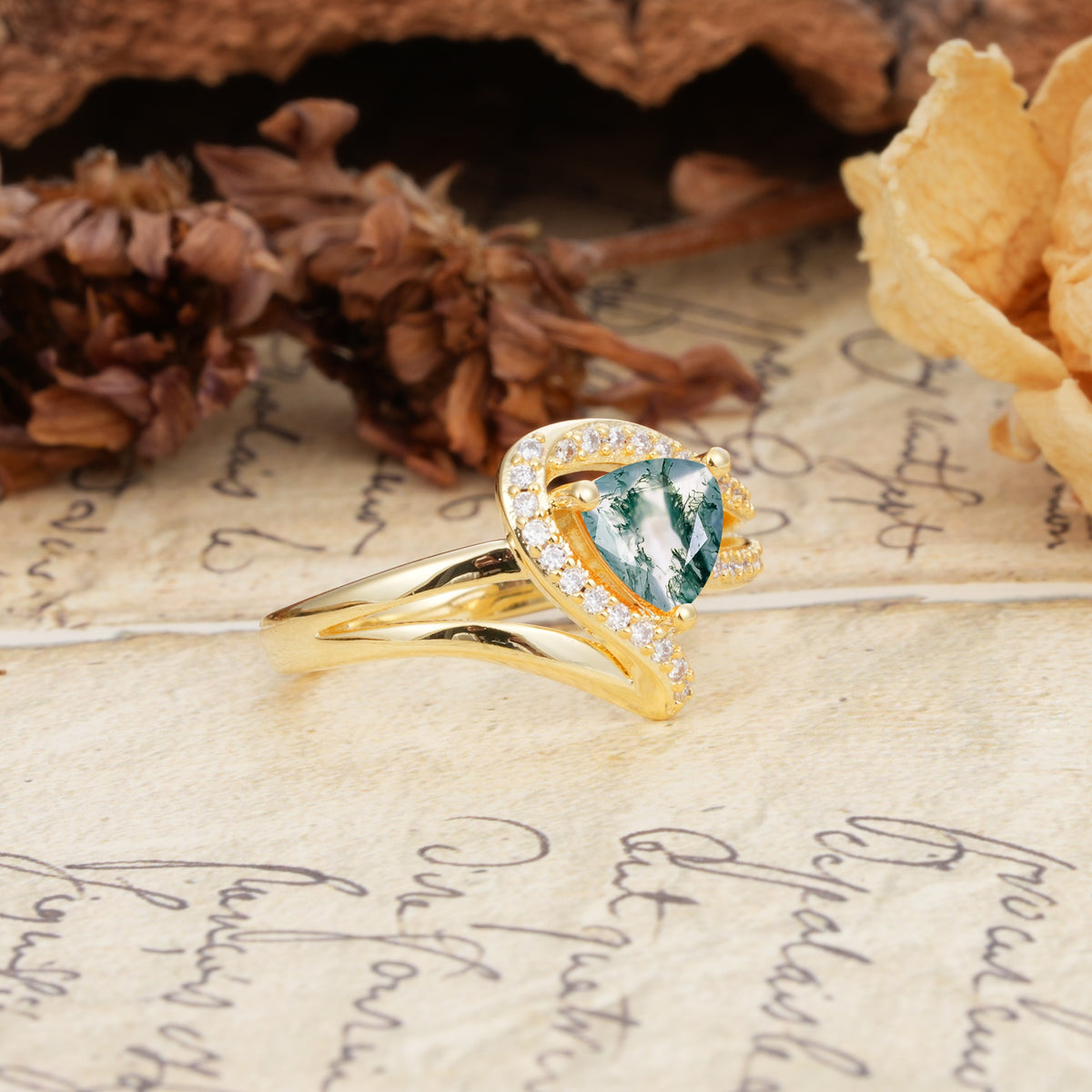 Unique Twisted and Entwined 3-Prong, Heart-Shaped Cut Moss Agate Engagement Ring - Additional view