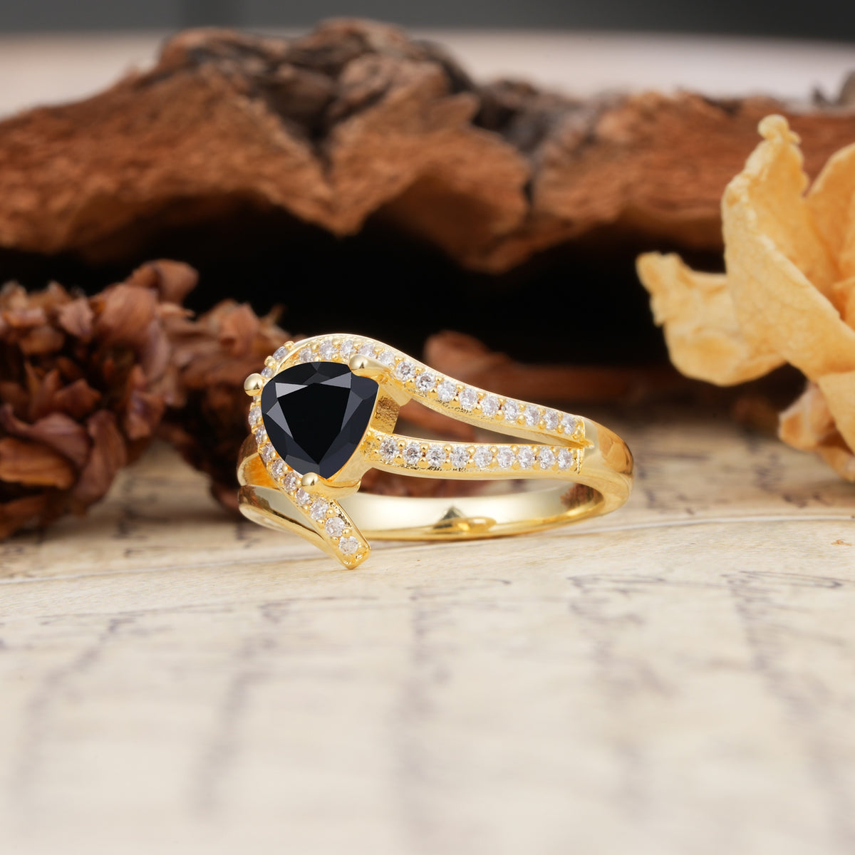 Unique Twisted and Entwined 3-Prong, Heart-Shaped Cut Black Onyx Engagement Ring - Additional view