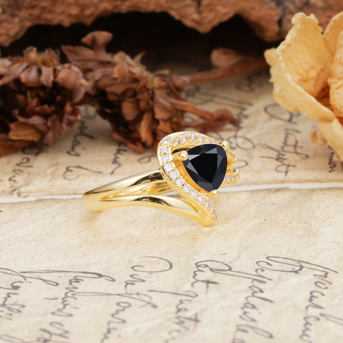 Unique Twisted and Entwined 3-Prong, Heart-Shaped Cut Black Onyx Engagement Ring - Additional view