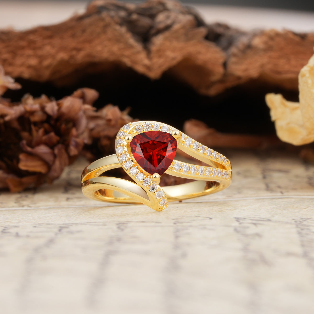 Unique Twisted and Entwined 3-Prong, Heart-Shaped Cut Garnet Engagement Ring - Additional view