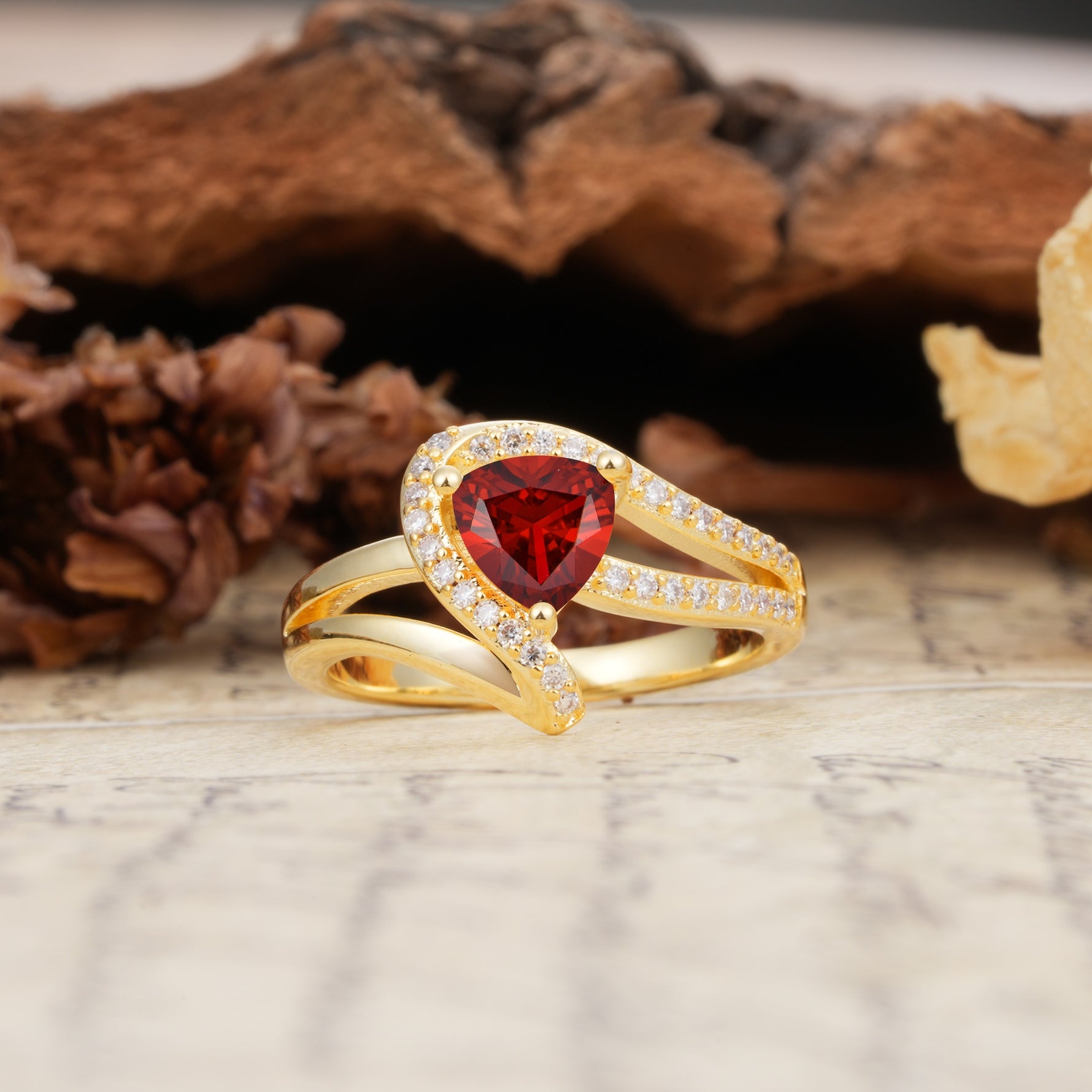 Unique Twisted and Entwined 3-Prong, Heart-Shaped Cut Garnet Engagement Ring - Additional view
