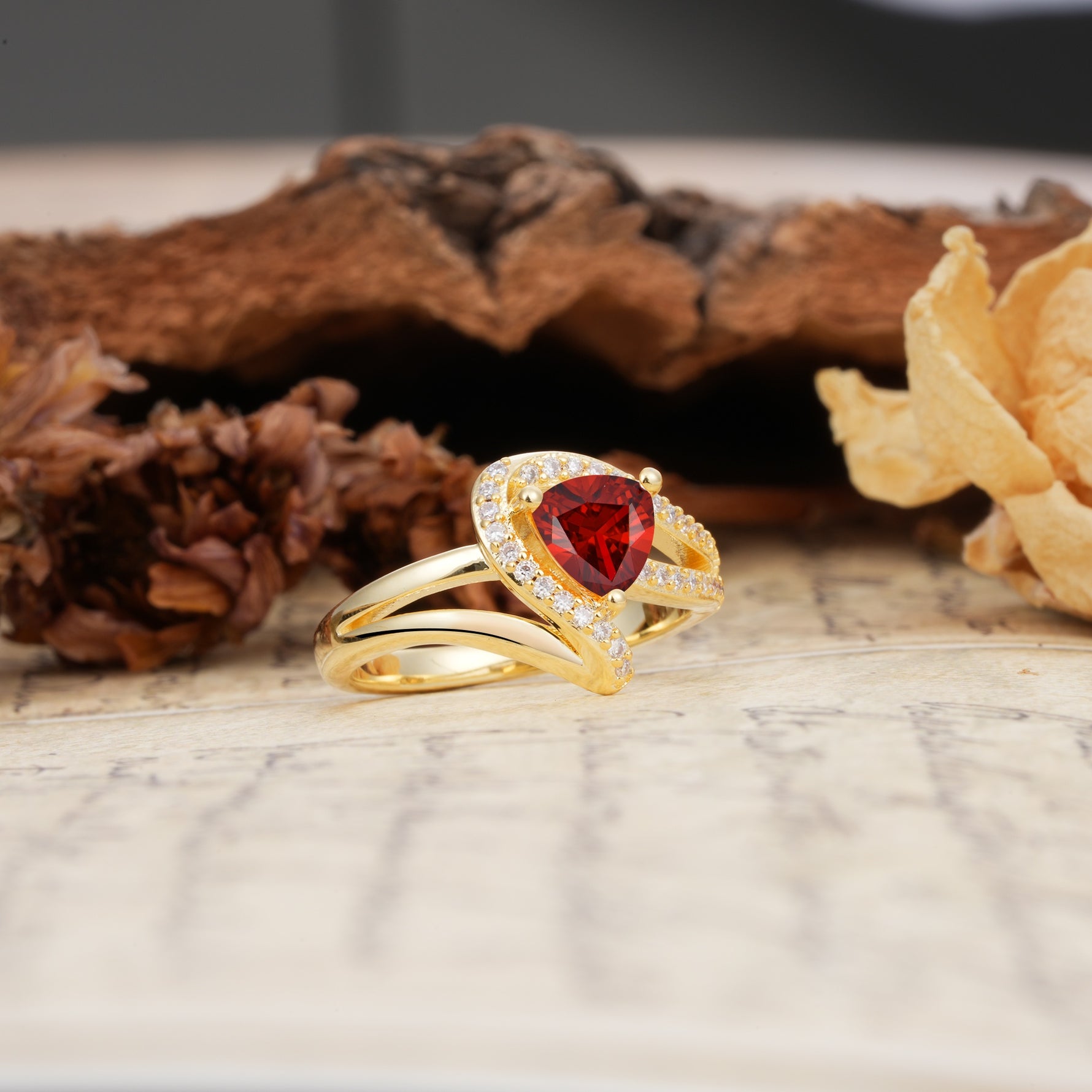 Unique Twisted and Entwined 3-Prong, Heart-Shaped Cut Garnet Engagement Ring - Additional view