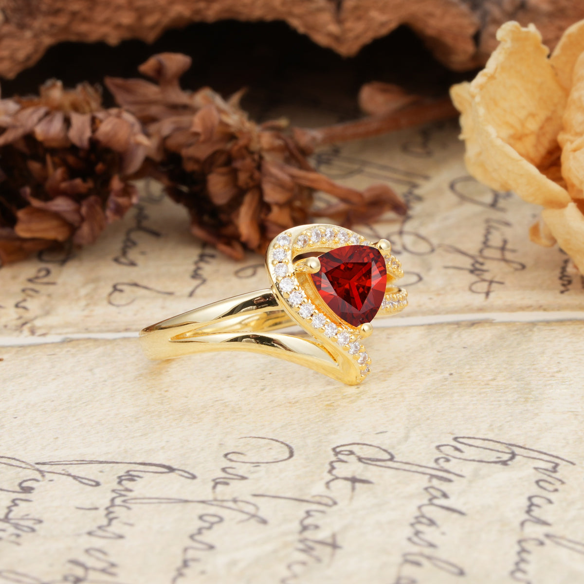 Unique Twisted and Entwined 3-Prong, Heart-Shaped Cut Garnet Engagement Ring - Additional view