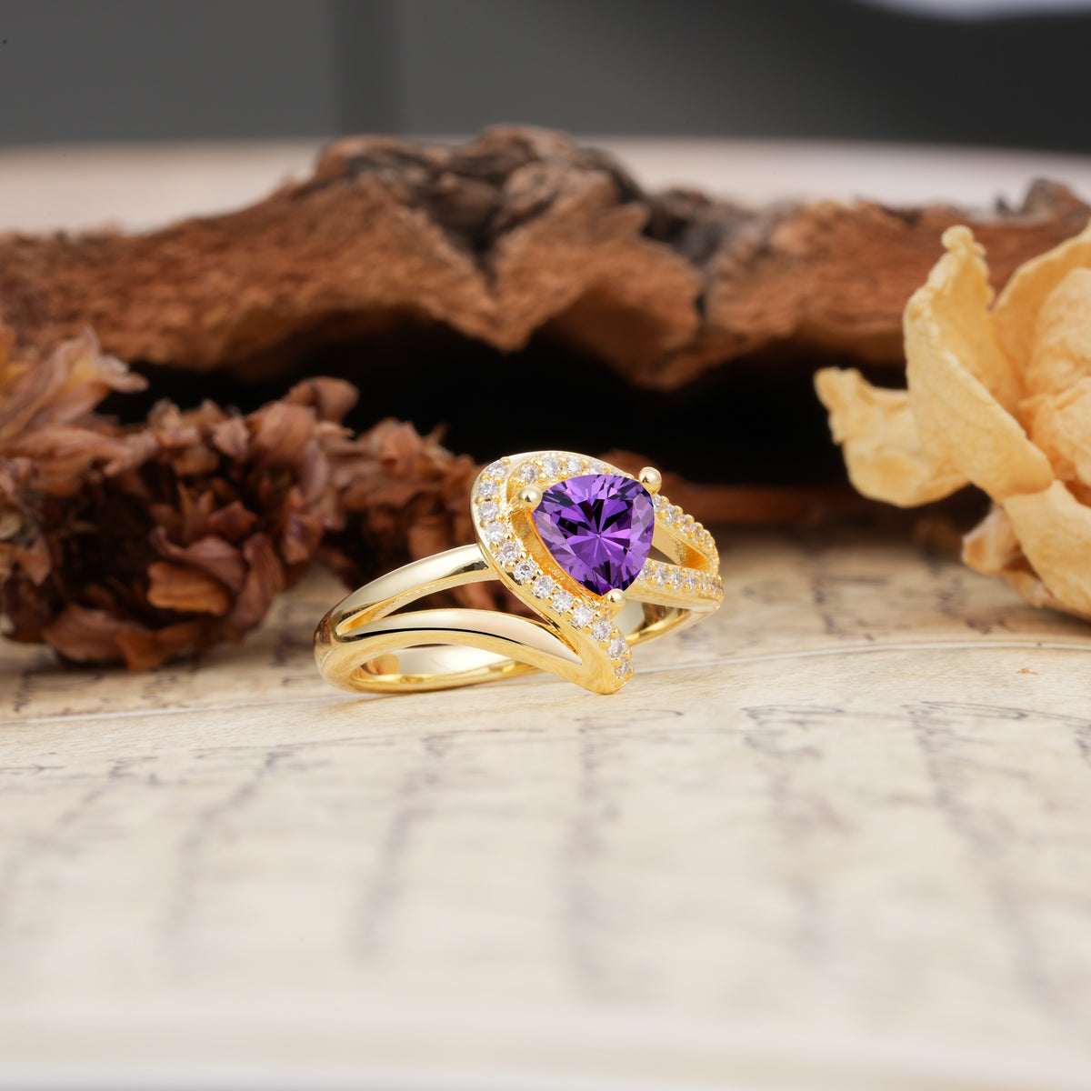 Unique Twisted and Entwined 3-Prong, Heart-Shaped Cut Amethyst Engagement Ring - Additional view
