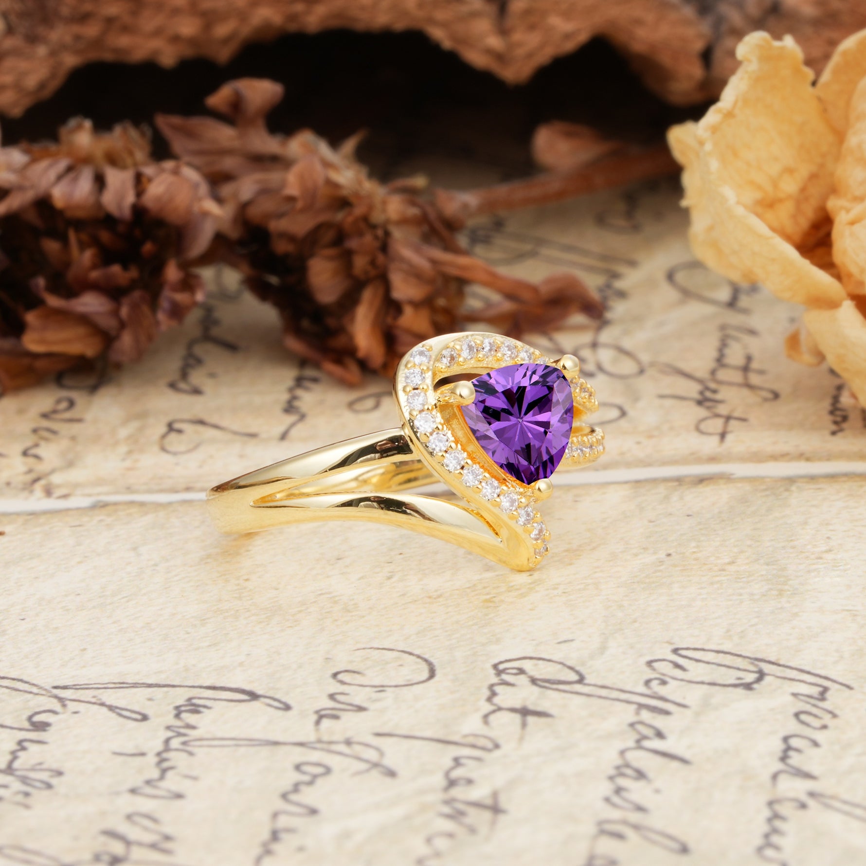 Unique Twisted and Entwined 3-Prong, Heart-Shaped Cut Amethyst Engagement Ring - Additional view