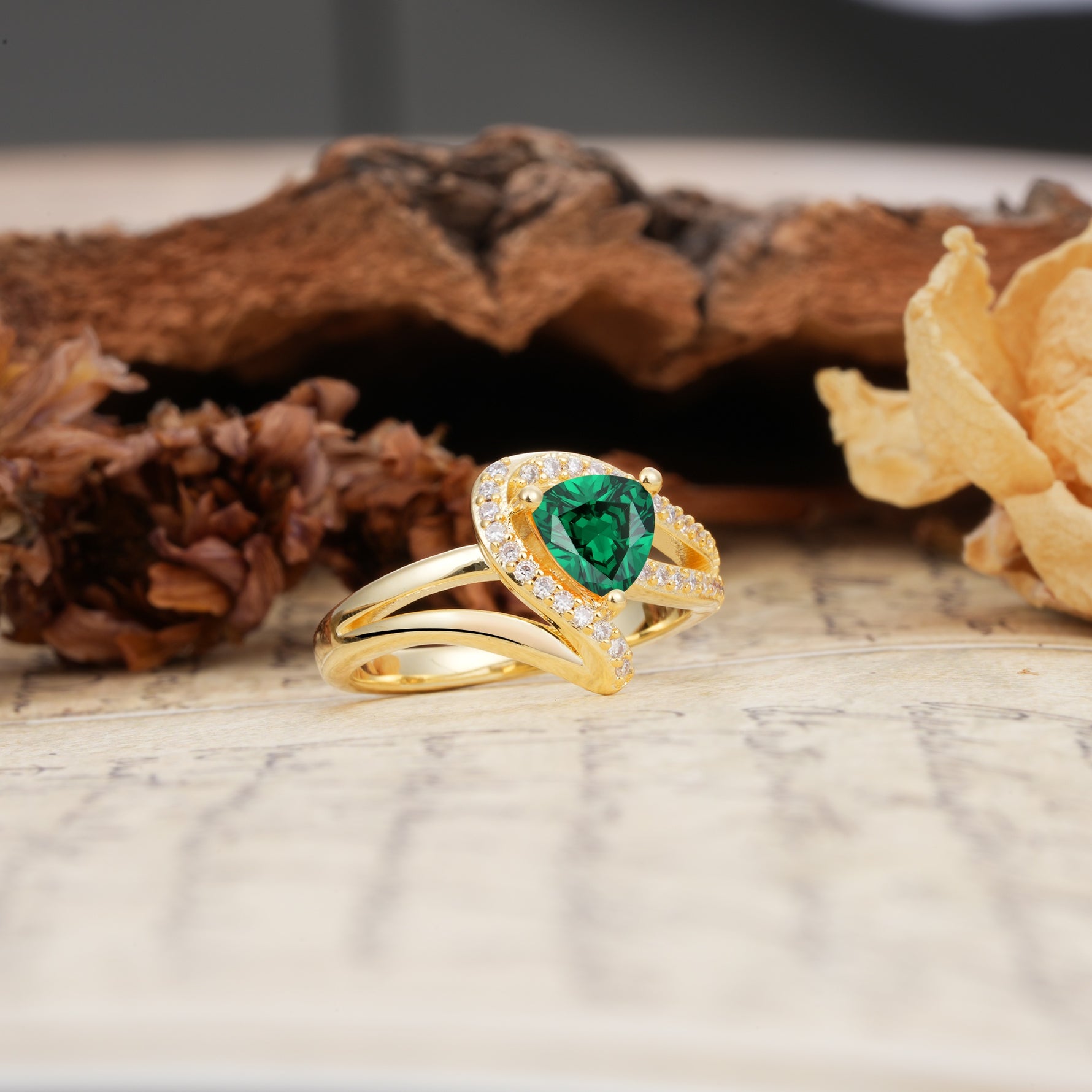 Unique Twisted and Entwined 3-Prong, Heart-Shaped Cut Emerald Engagement Ring - Additional view