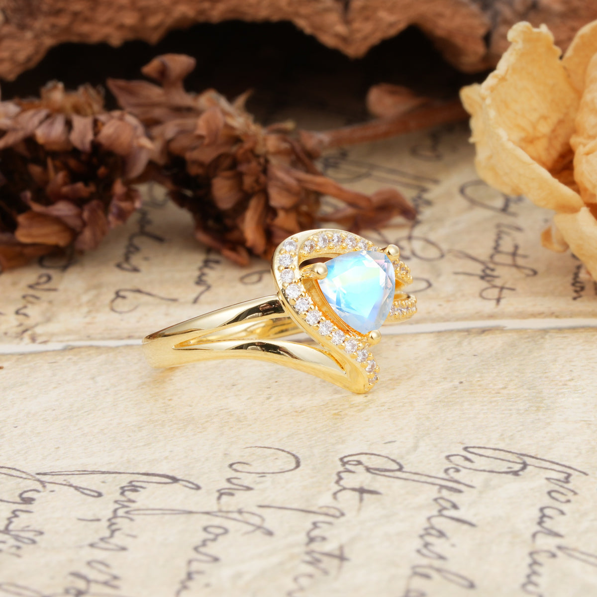 Unique Twisted and Entwined 3-Prong, Heart-Shaped Cut Moonstone Engagement Ring - Additional view