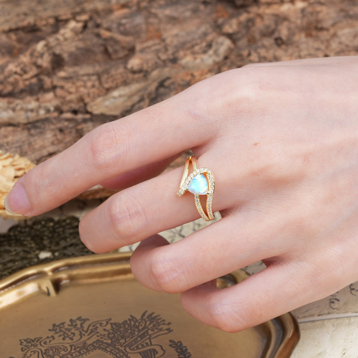 Unique Twisted and Entwined 3-Prong, Heart-Shaped Cut Moonstone Engagement Ring - Additional view