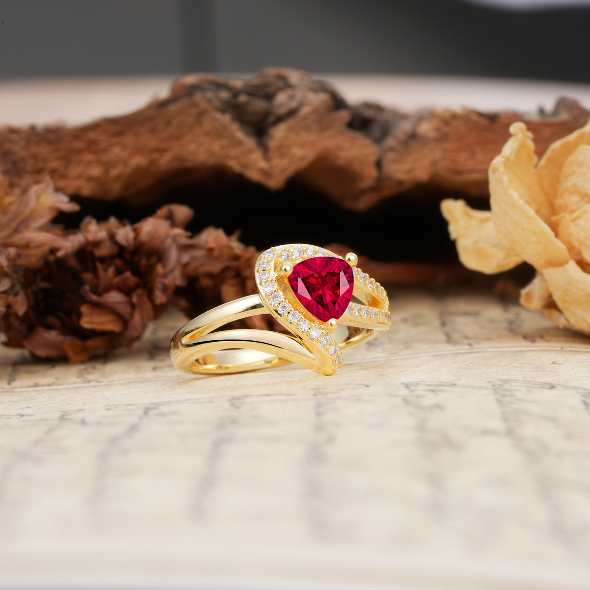 Unique Twisted and Entwined 3-Prong, Heart-Shaped Cut Ruby Engagement Ring - Additional view