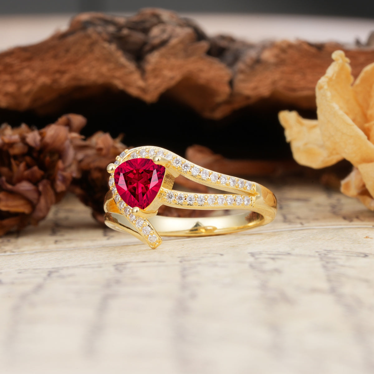 Unique Twisted and Entwined 3-Prong, Heart-Shaped Cut Ruby Engagement Ring - Additional view