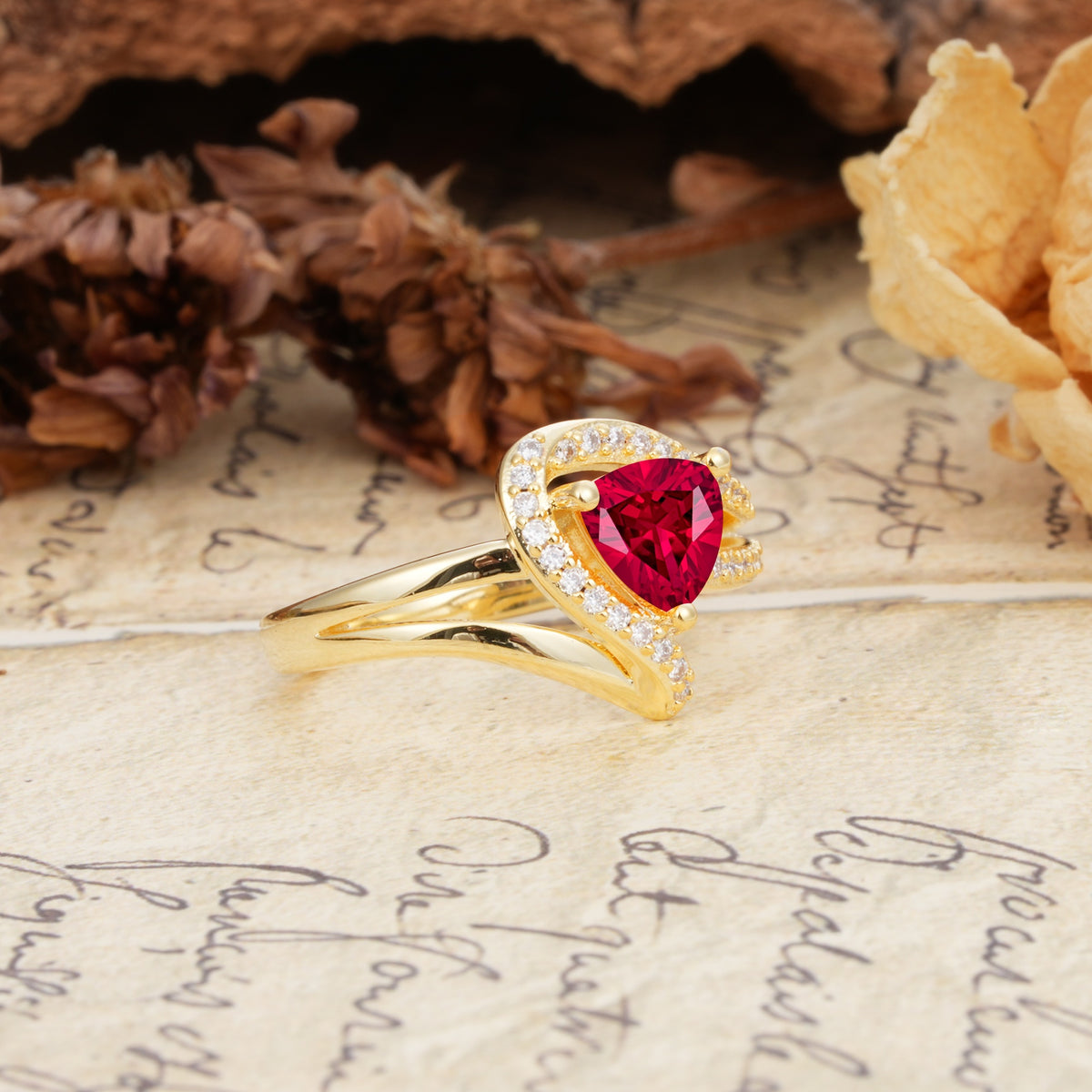 Unique Twisted and Entwined 3-Prong, Heart-Shaped Cut Ruby Engagement Ring - Additional view