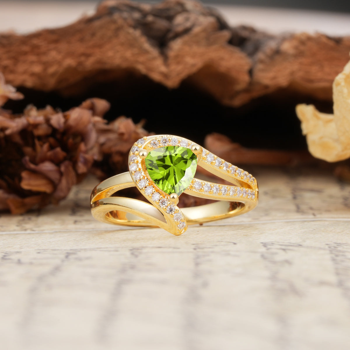 Unique Twisted and Entwined 3-Prong, Heart-Shaped Cut Peridot Engagement Ring - Additional view