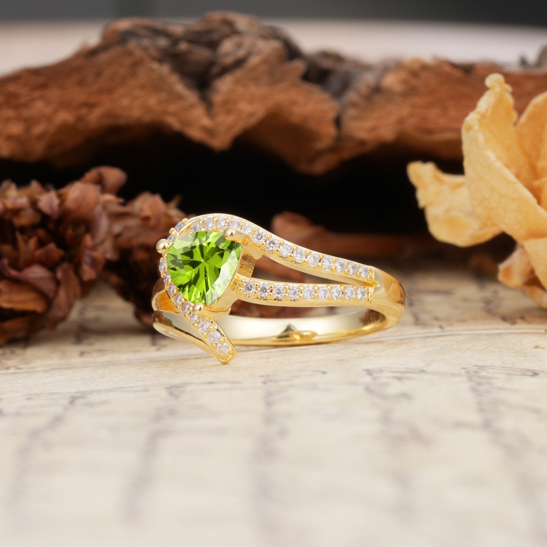 Unique Twisted and Entwined 3-Prong, Heart-Shaped Cut Peridot Engagement Ring - Additional view