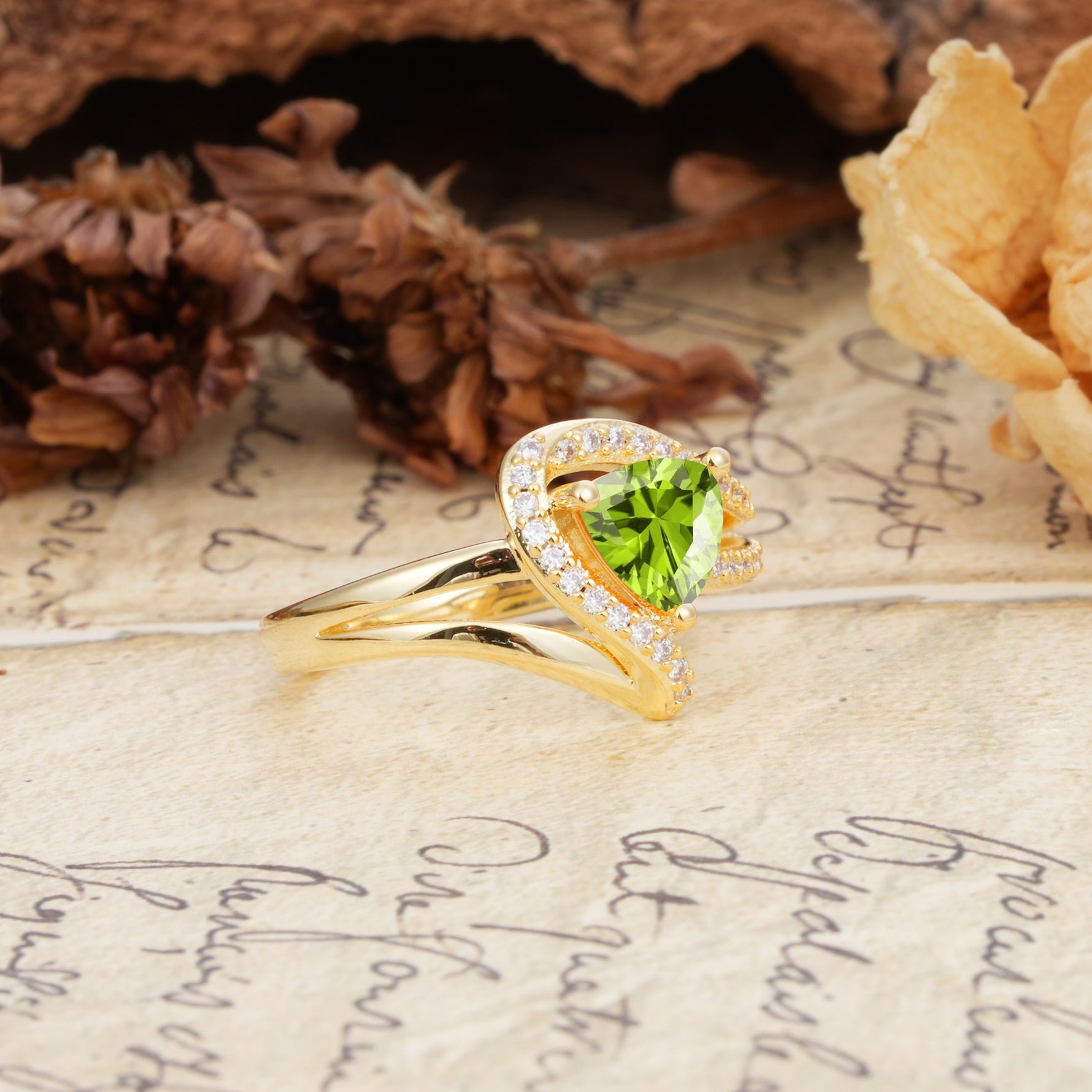 Unique Twisted and Entwined 3-Prong, Heart-Shaped Cut Peridot Engagement Ring - Additional view