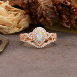 Luxurious Vintage-Style Pavé, 3-Prong Pear Cut Fire Opal Bridal Ring Set - Additional view