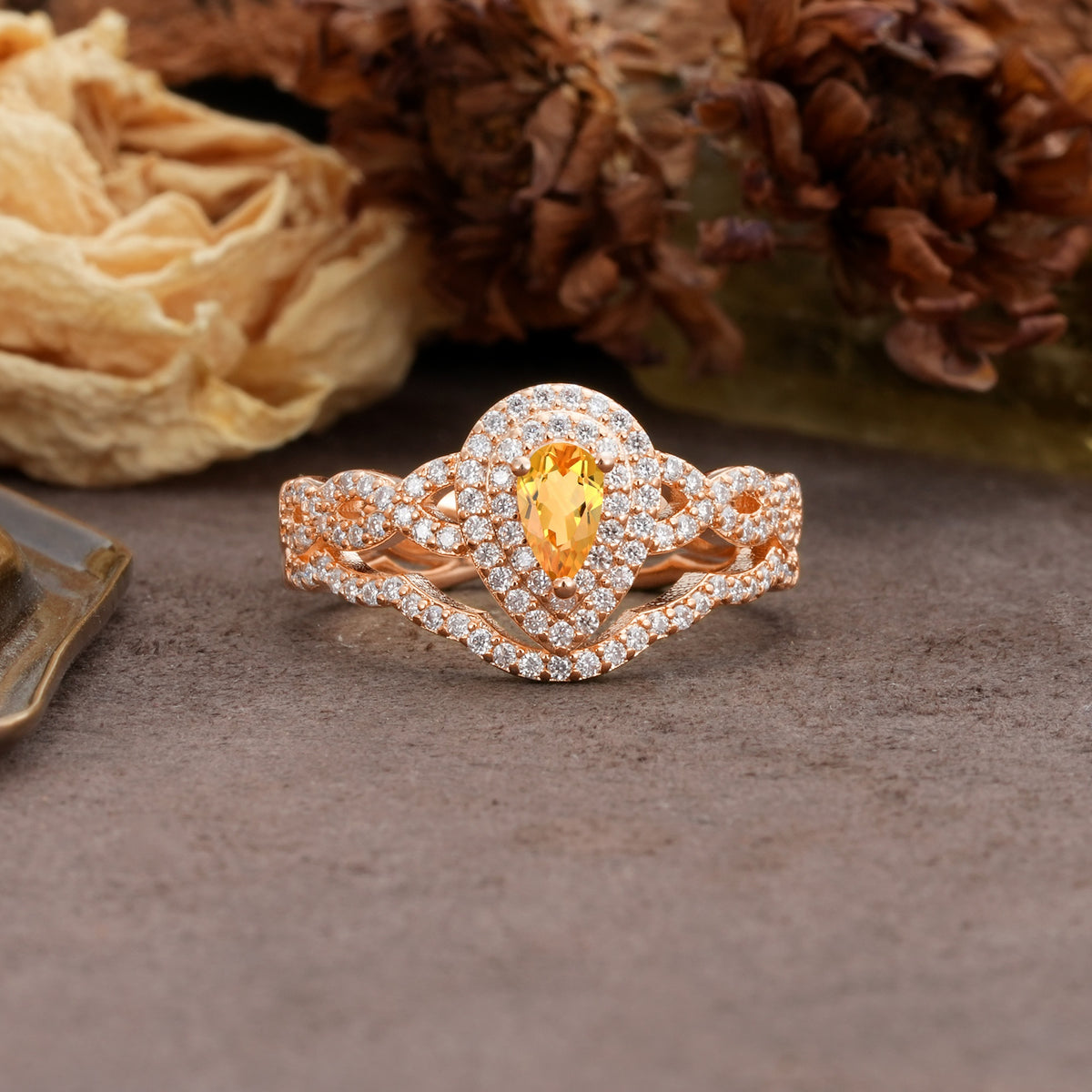 Luxurious Vintage-Style Pavé, 3-Prong Pear Cut Citrine Bridal Ring Set - Additional view