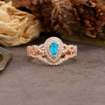 Luxurious Vintage-Style Pavé, 3-Prong Pear Cut Turquoise Bridal Ring Set - Additional view