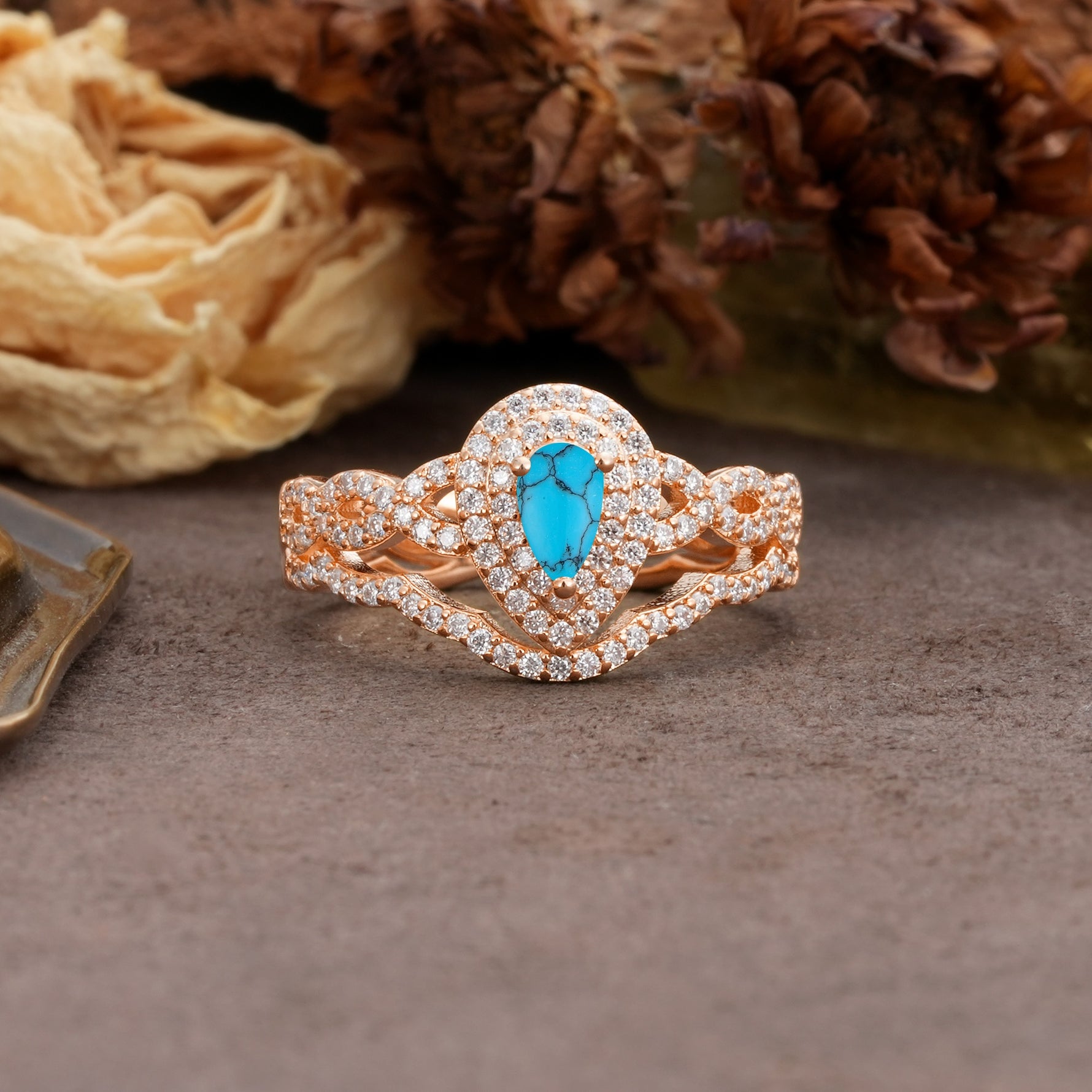 Luxurious Vintage-Style Pavé, 3-Prong Pear Cut Turquoise Bridal Ring Set - Additional view