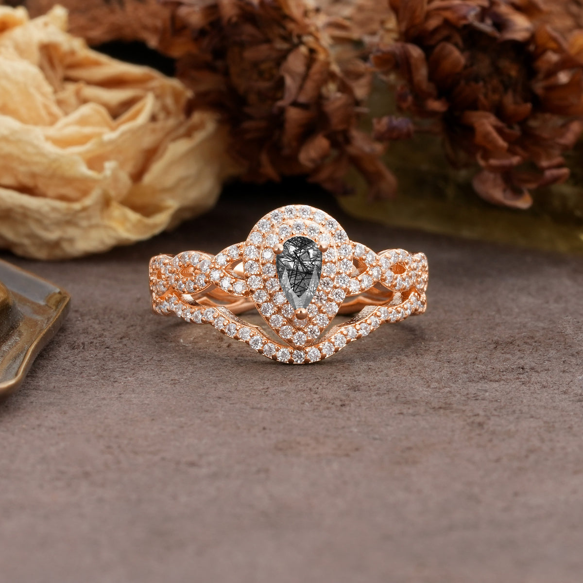 Luxurious Vintage-Style Pavé, 3-Prong Pear Cut Black Rutilated Quartz Bridal Ring Set - Additional view