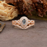 Luxurious Vintage-Style Pavé, 3-Prong Pear Cut Black Rutilated Quartz Bridal Ring Set - Additional view