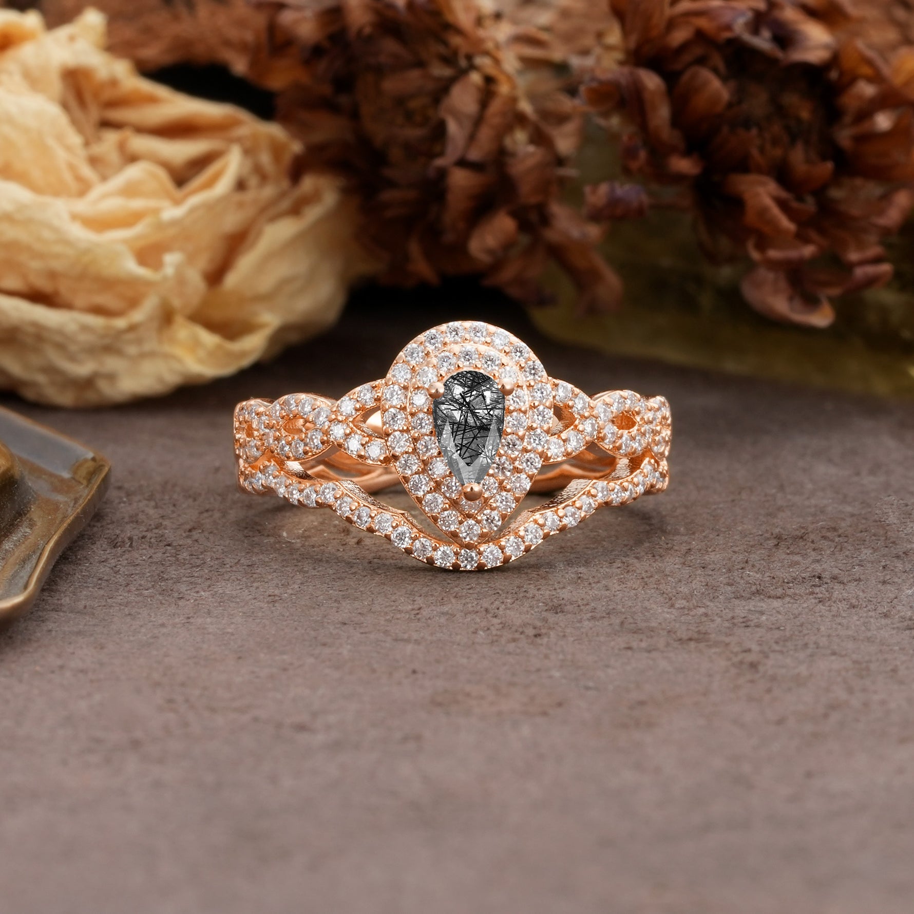 Luxurious Vintage-Style Pavé, 3-Prong Pear Cut Black Rutilated Quartz Bridal Ring Set - Additional view