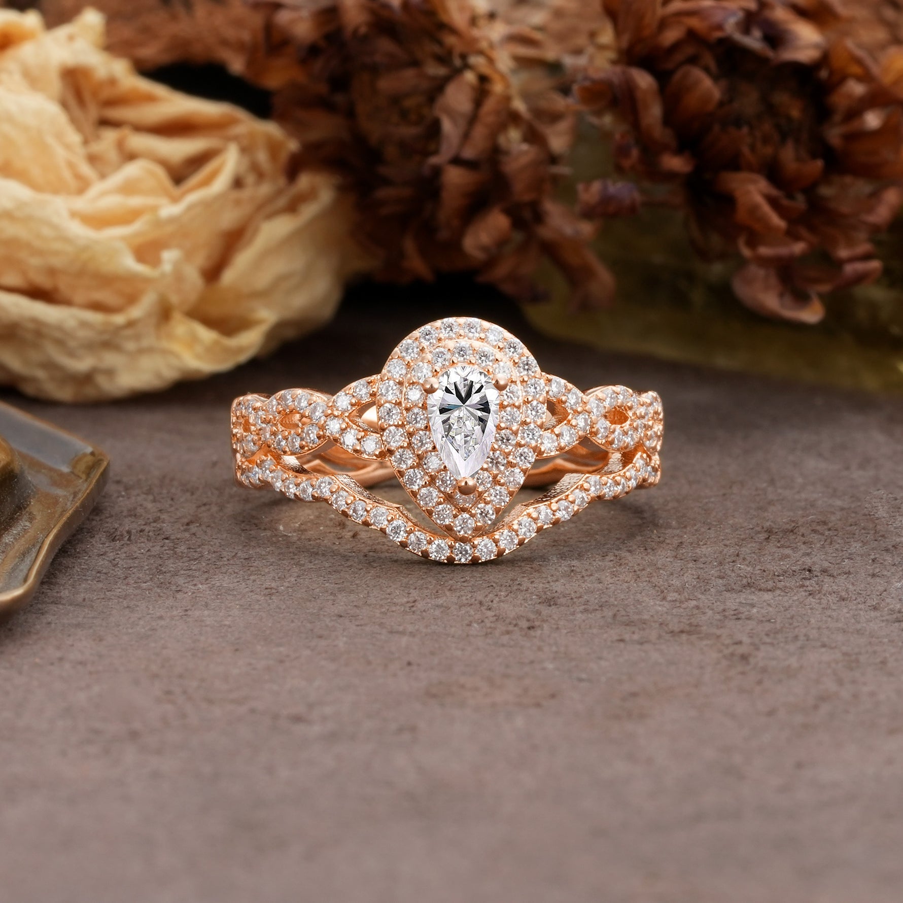 Luxurious Vintage-Style Pavé, 3-Prong Pear Cut Lab Diamond Bridal Ring Set - Additional view