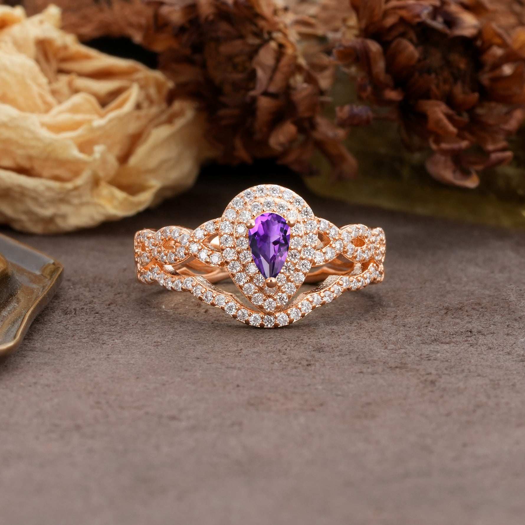 Luxurious Vintage-Style Pavé, 3-Prong Pear Cut Amethyst Bridal Ring Set - Additional view