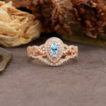 Luxurious Vintage-Style Pavé, 3-Prong Pear Cut Aquamarine Bridal Ring Set - Additional view