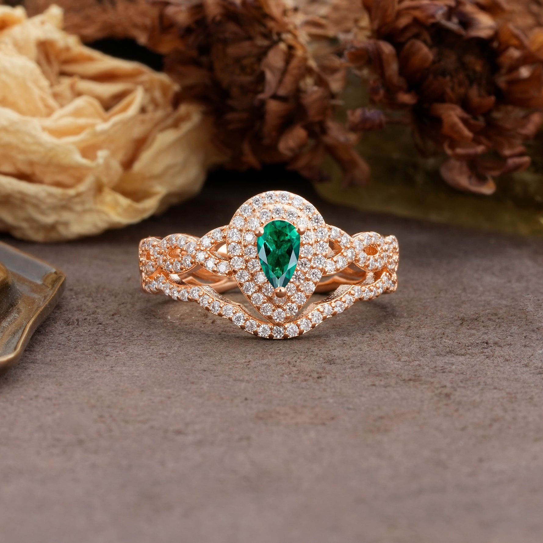 Luxurious Vintage-Style Pavé, 3-Prong Pear Cut Emerald Bridal Ring Set - Additional view
