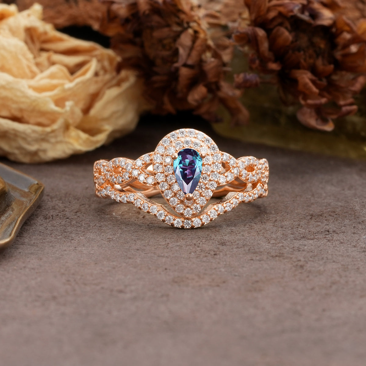 Luxurious Vintage-Style Pavé, 3-Prong Pear Cut Alexandrite Bridal Ring Set - Additional view