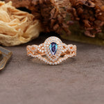 Luxurious Vintage-Style Pavé, 3-Prong Pear Cut Alexandrite Bridal Ring Set - Additional view