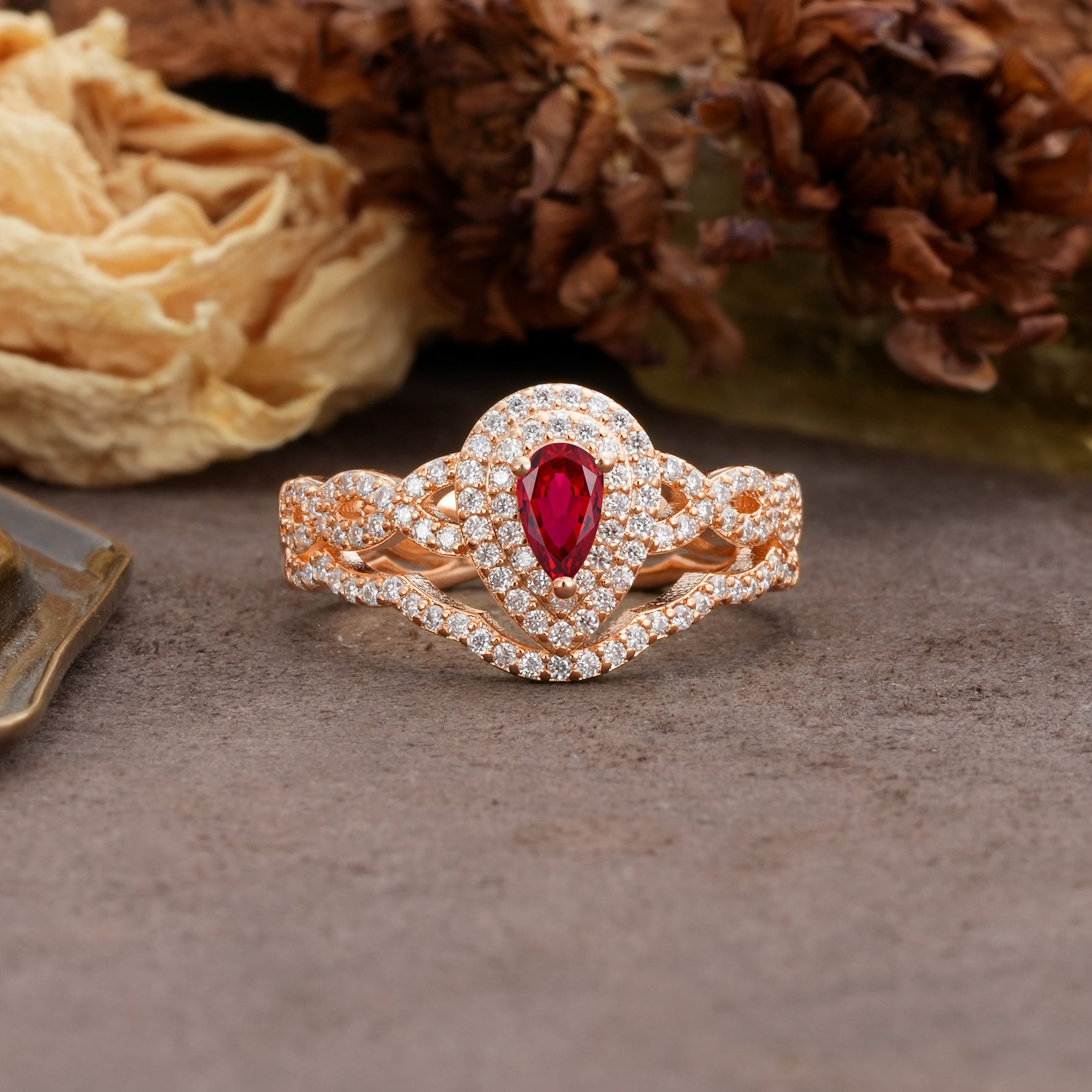 Luxurious Vintage-Style Pavé, 3-Prong Pear Cut Ruby Bridal Ring Set - Additional view