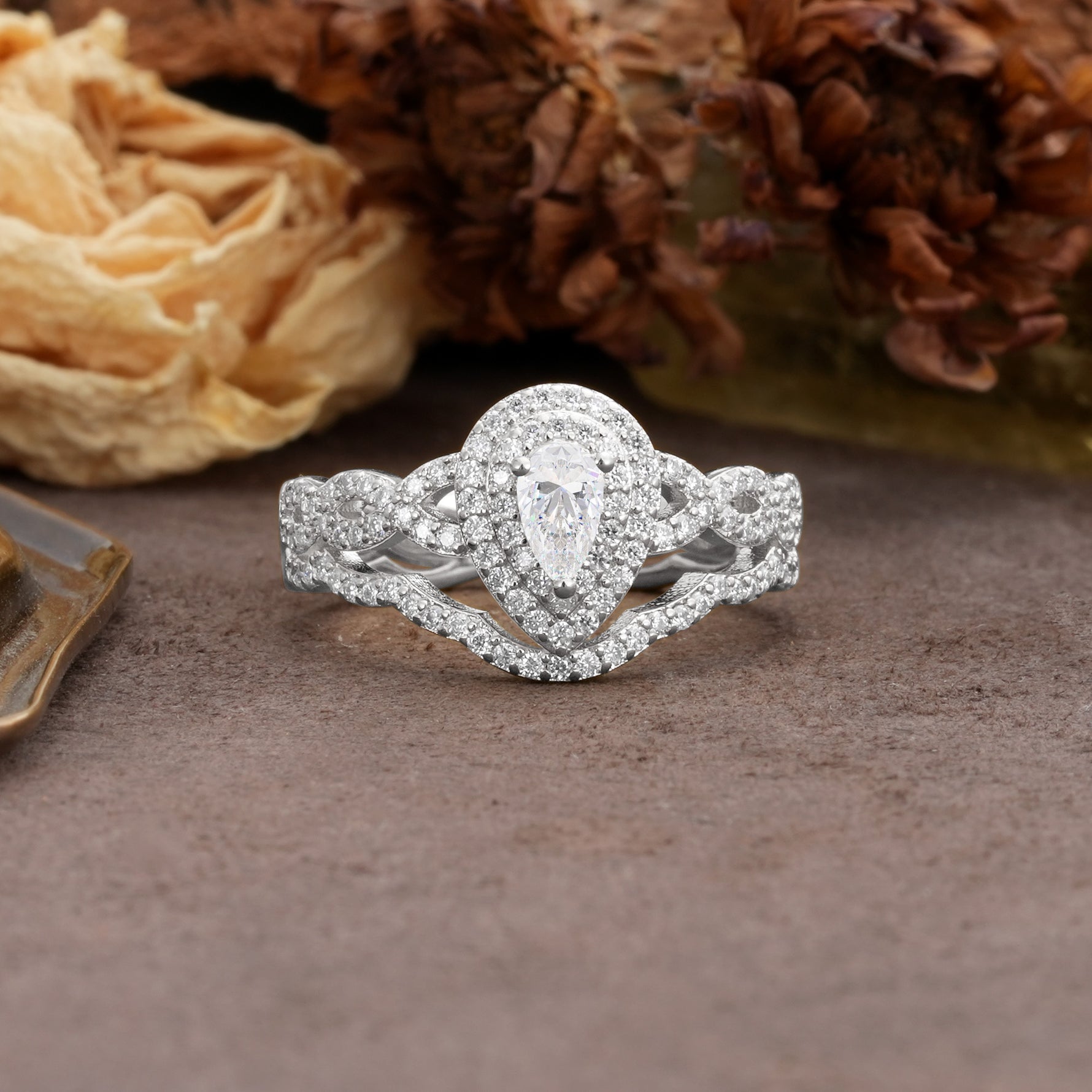 Luxurious Vintage-Style Pavé, 3-Prong Pear Cut Moissanite Bridal Ring Set - Additional view