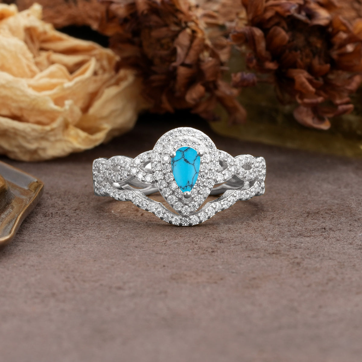 Luxurious Vintage-Style Pavé, 3-Prong Pear Cut Turquoise Bridal Ring Set - Additional view