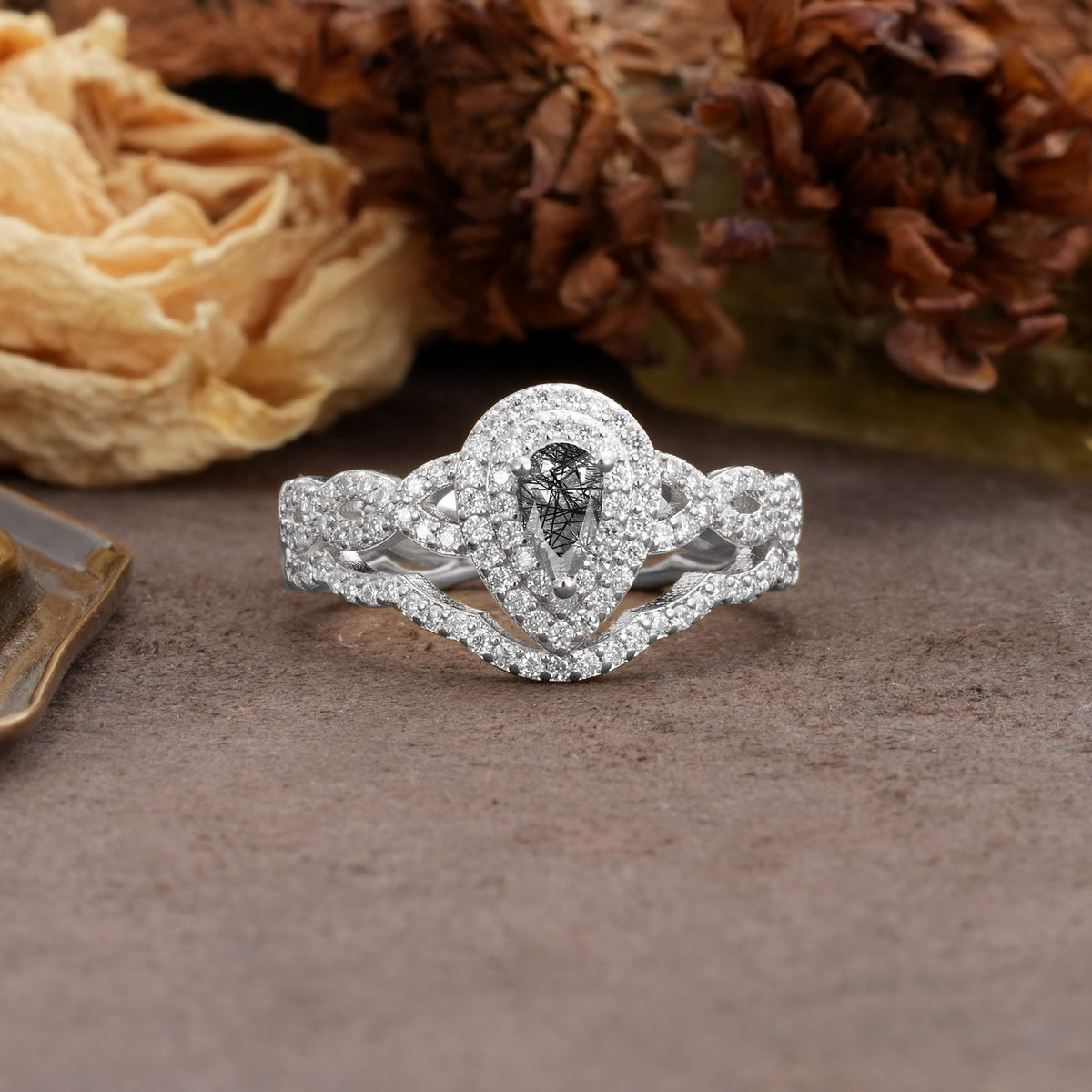 Luxurious Vintage-Style Pavé, 3-Prong Pear Cut Black Rutilated Quartz Bridal Ring Set - Additional view