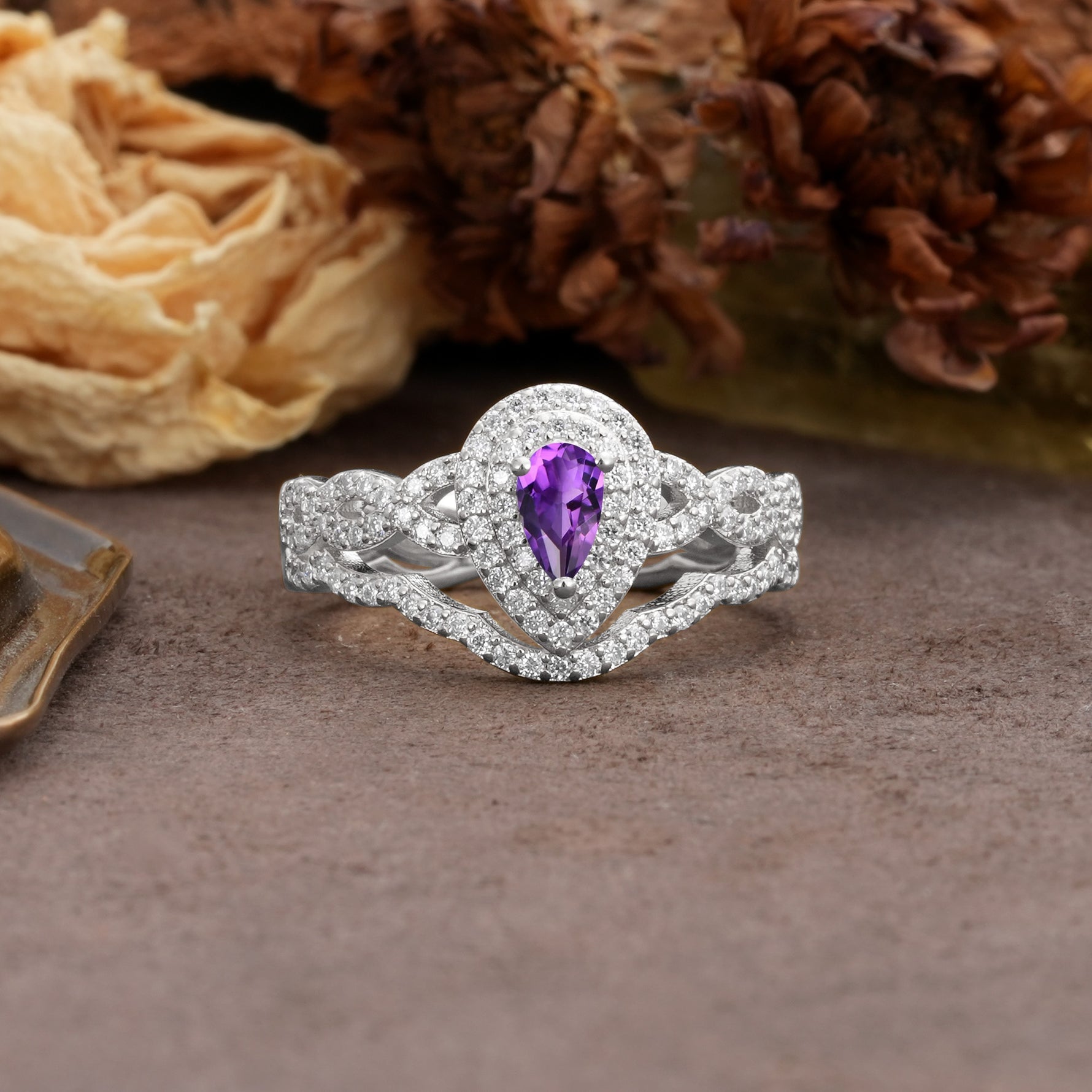 Luxurious Vintage-Style Pavé, 3-Prong Pear Cut Amethyst Bridal Ring Set - Additional view