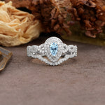 Luxurious Vintage-Style Pavé, 3-Prong Pear Cut Aquamarine Bridal Ring Set - Additional view