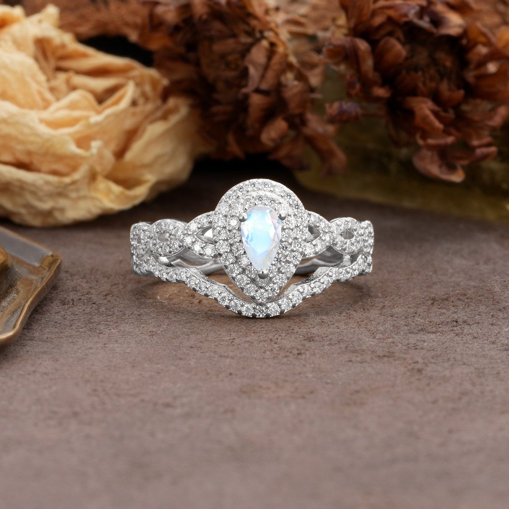 Luxurious Vintage-Style Pavé, 3-Prong Pear Cut Moonstone Bridal Ring Set - Additional view
