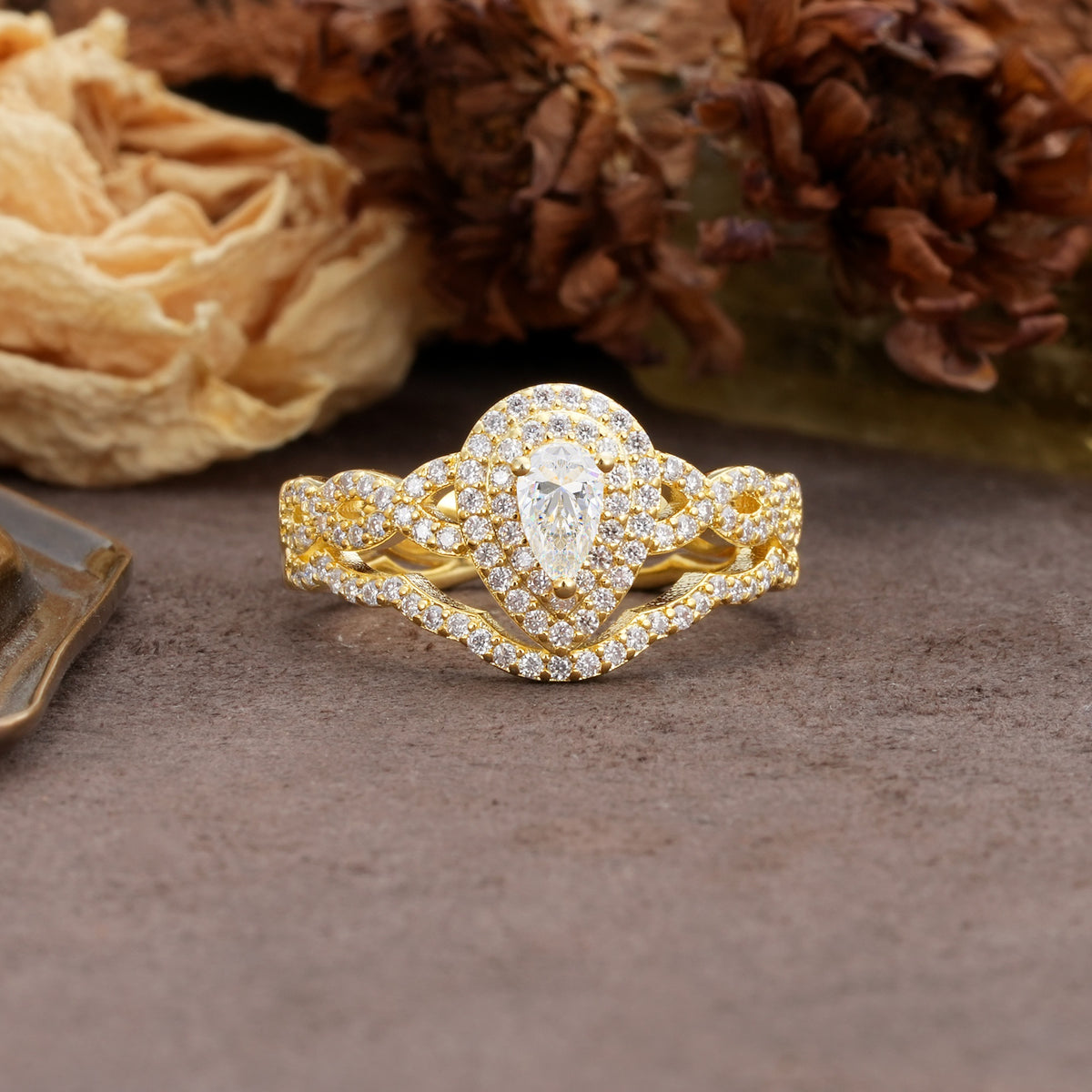 Luxurious Vintage-Style Pavé, 3-Prong Pear Cut Moissanite Bridal Ring Set - Additional view