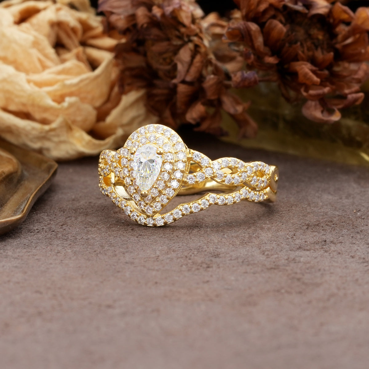 Luxurious Vintage-Style Pavé, 3-Prong Pear Cut Moissanite Bridal Ring Set - Additional view