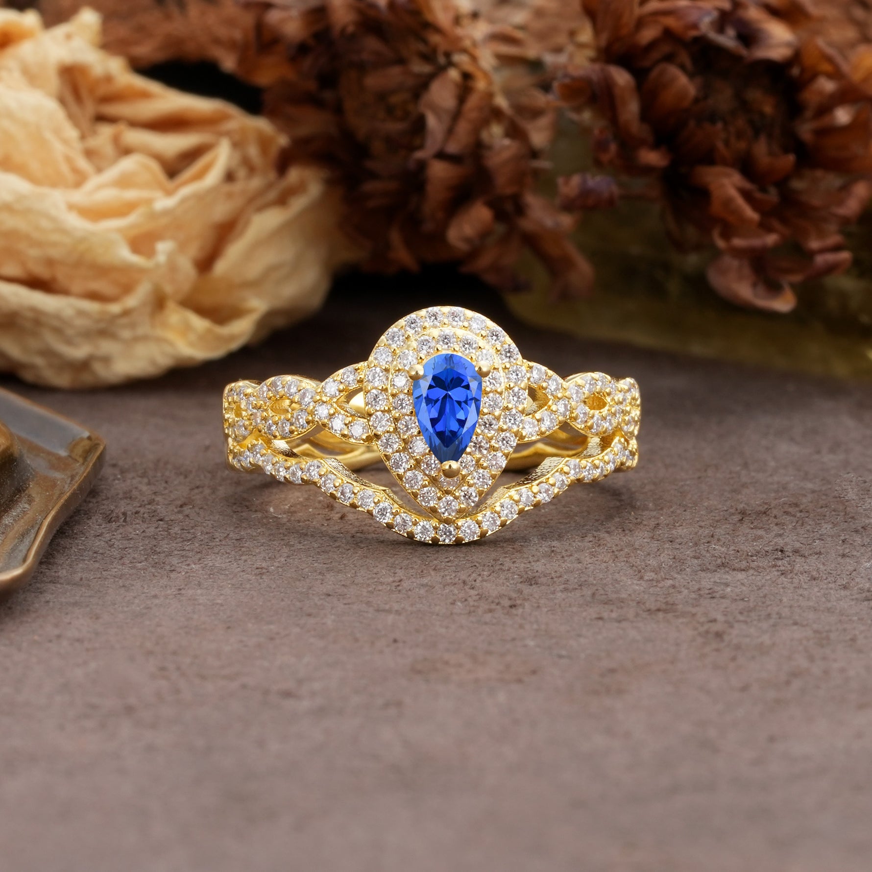 Luxurious Vintage-Style Pavé, 3-Prong Pear Cut Sapphire Bridal Ring Set - Additional view