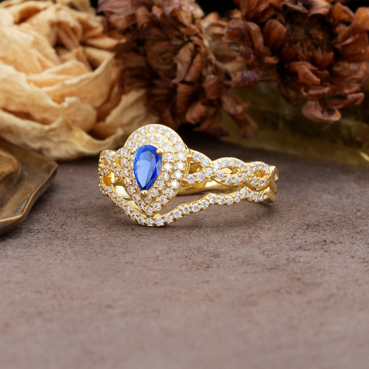 Luxurious Vintage-Style Pavé, 3-Prong Pear Cut Sapphire Bridal Ring Set - Additional view