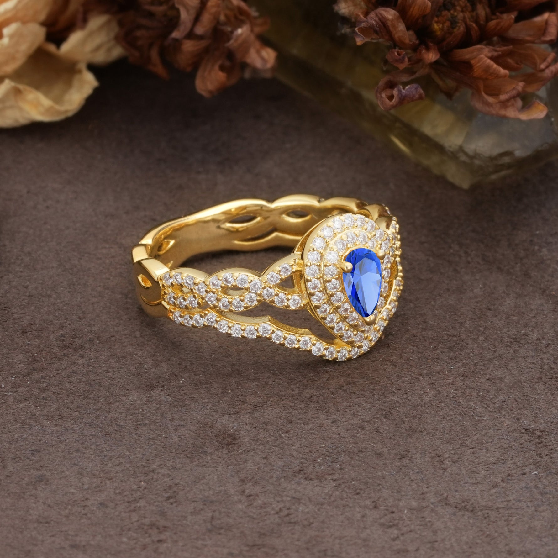 Luxurious Vintage-Style Pavé, 3-Prong Pear Cut Sapphire Bridal Ring Set - Additional view